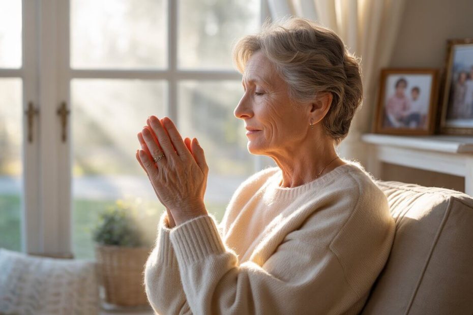 Parent finding peace through prayer during custody battle with soft morning light