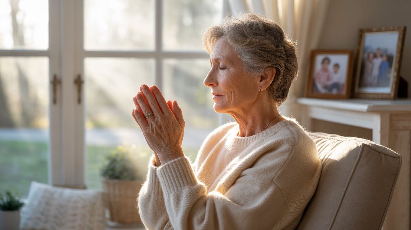 Parent finding peace through prayer during custody battle with soft morning light