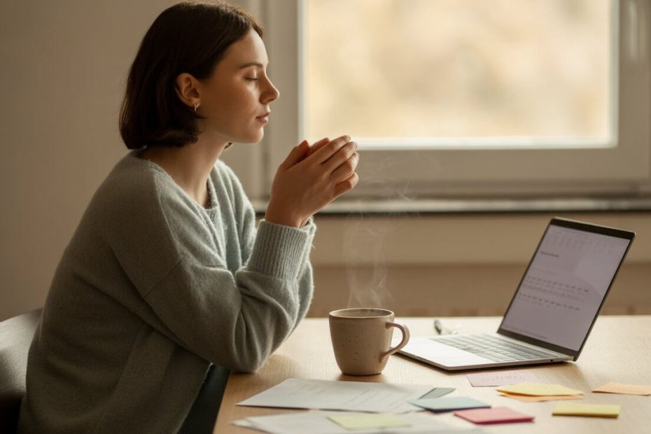Person praying at office desk finding peace during work stress