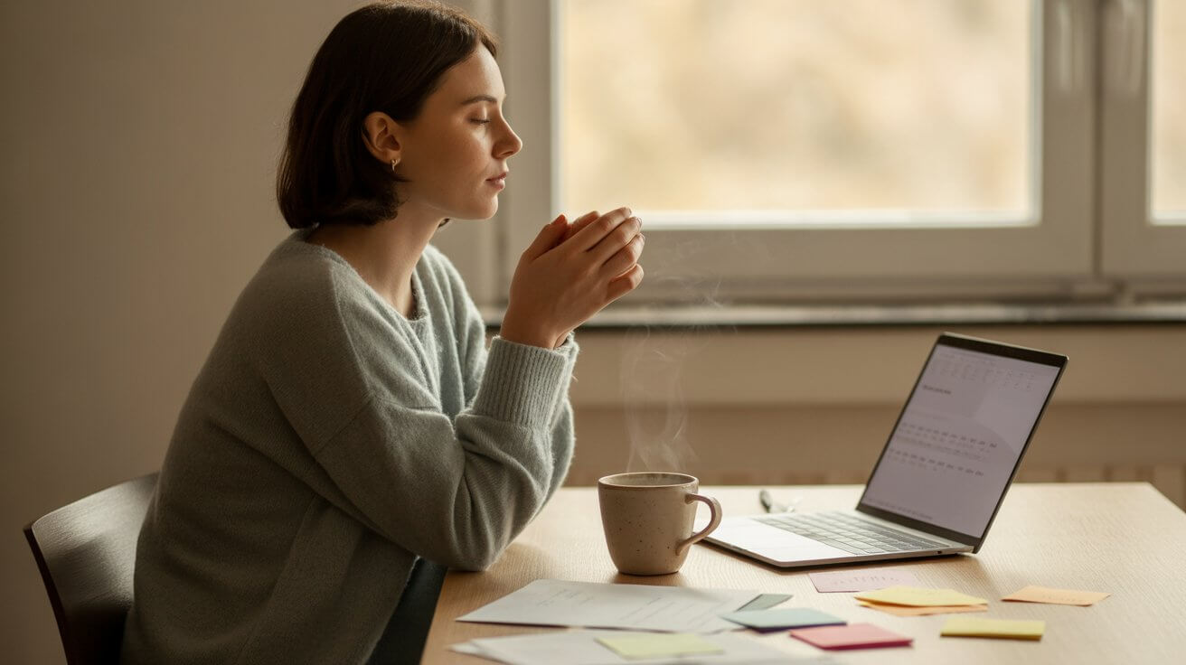 Person praying at office desk finding peace during work stress