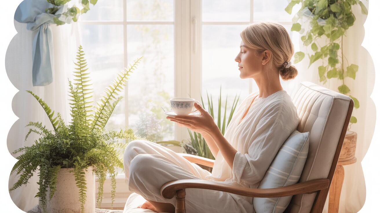 Woman finding peace through quiet prayer moment at home to ease anxiety