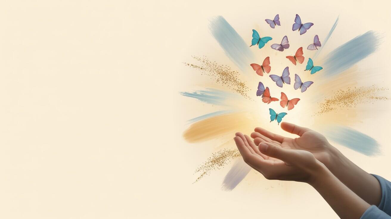 Hands releasing butterflies symbolizing giving anxiety to God through prayer
