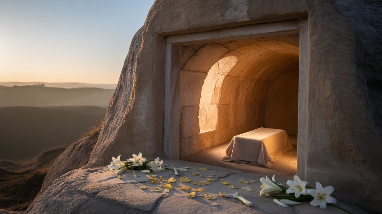 Empty tomb at sunrise representing Jesus' resurrection as the greatest answered prayer in the Bible