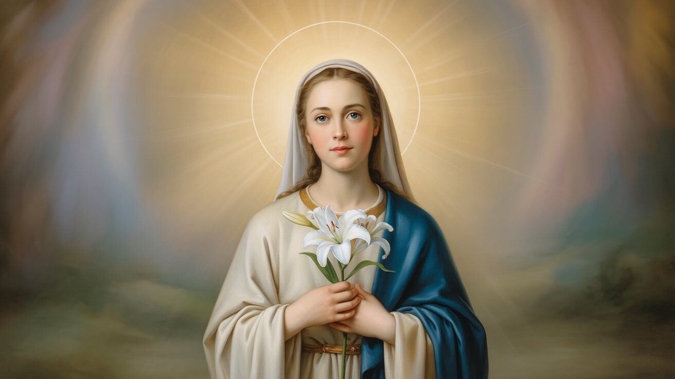 Saint Dymphna patron saint of anxiety and mental health with lily and gentle expression