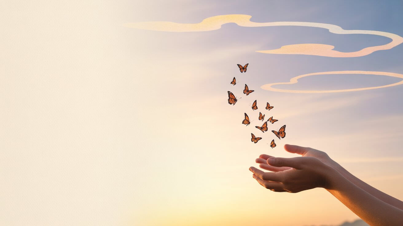 Hands releasing butterflies symbolizing short prayer for anxiety relief