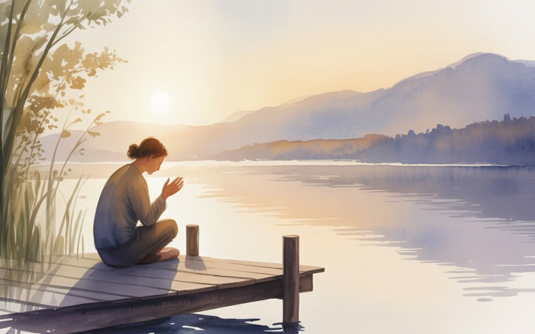 Person praying peacefully by a calm lake at sunrise representing finding peace through short prayers for anxiety
