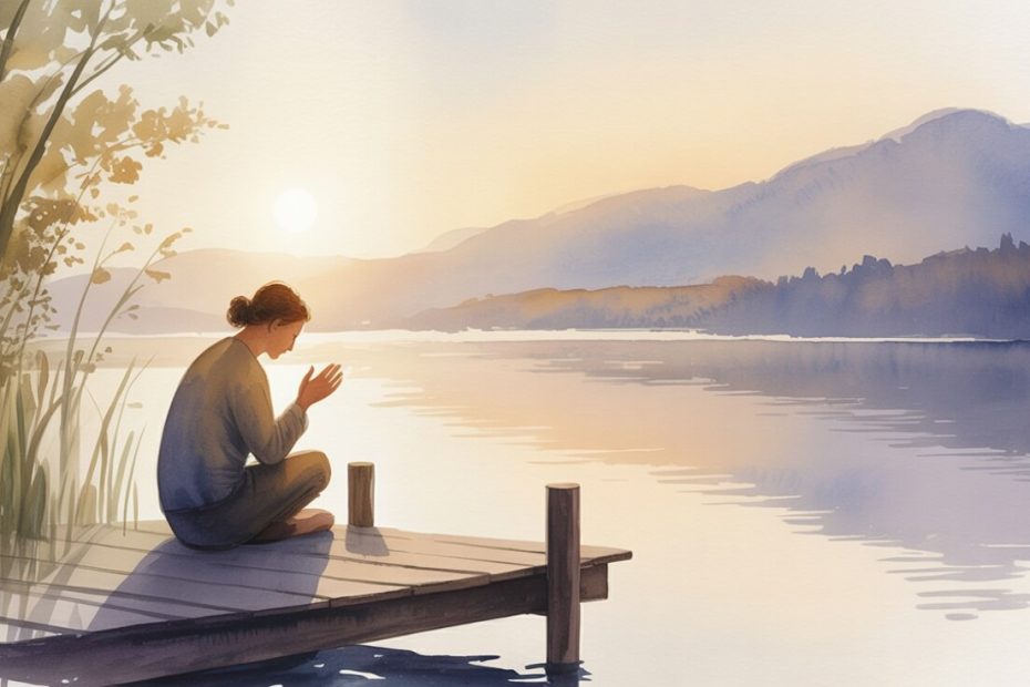 Person praying peacefully by a calm lake at sunrise representing finding peace through short prayers for anxiety