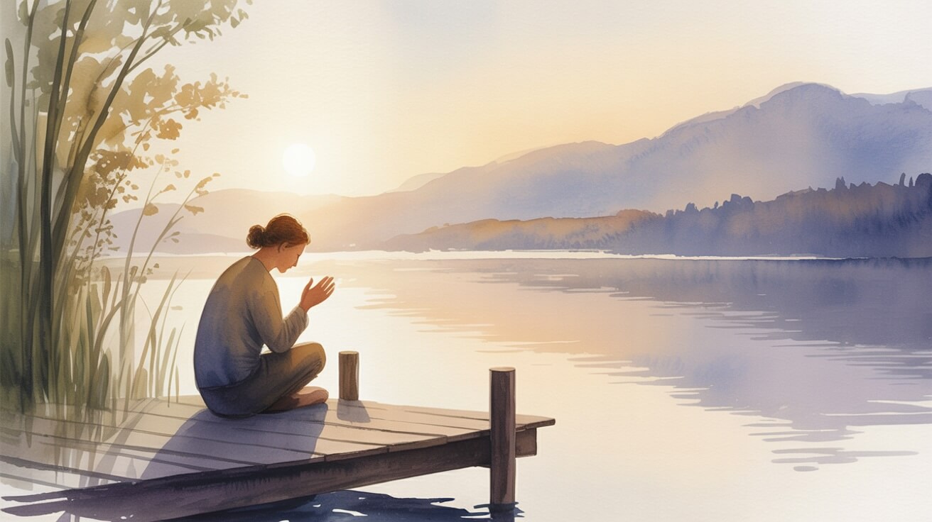 Person praying peacefully by a calm lake at sunrise representing finding peace through short prayers for anxiety