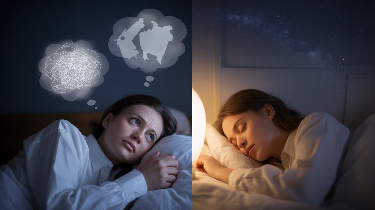 Visual contrast of nighttime anxiety versus peaceful sleep through prayer