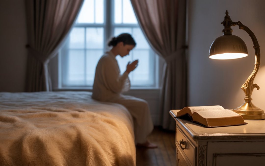 Person praying peacefully at bedtime with Bible and soft lamplight for anxiety relief