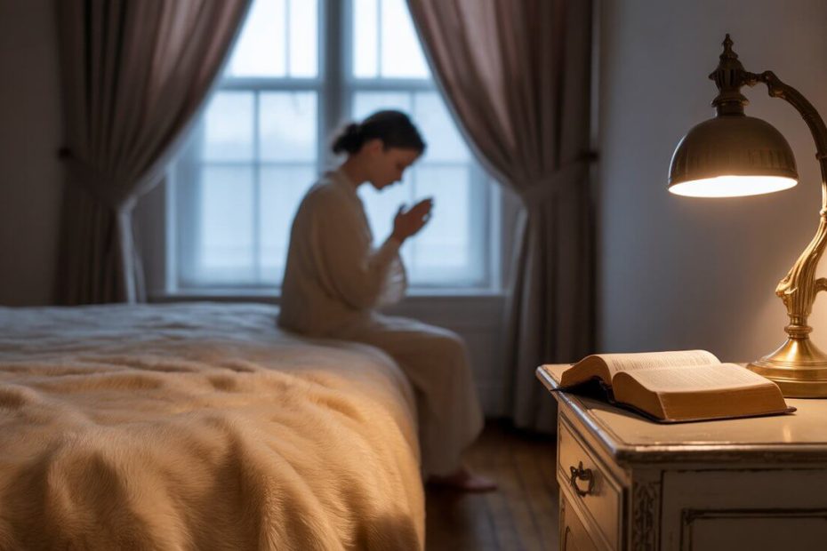 Person praying peacefully at bedtime with Bible and soft lamplight for anxiety relief