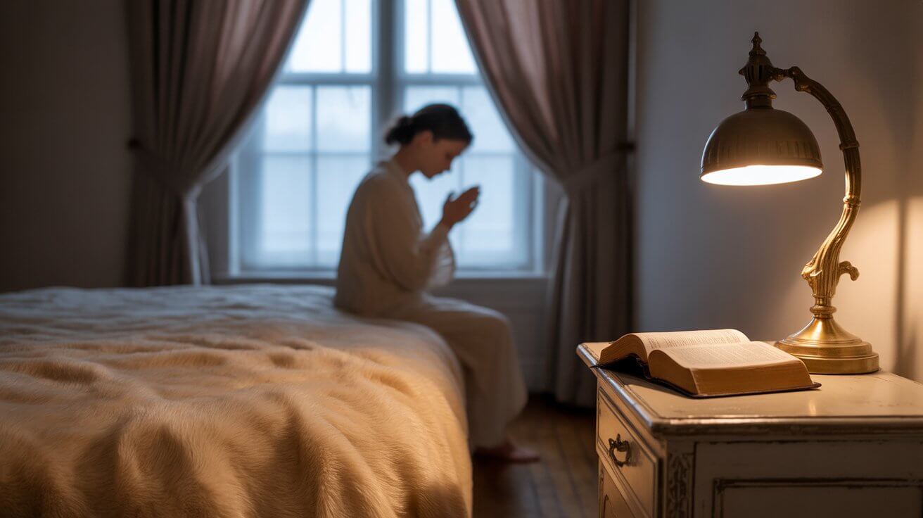 Person praying peacefully at bedtime with Bible and soft lamplight for anxiety relief