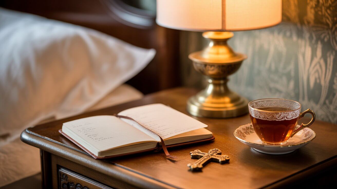 Peaceful bedtime prayer routine setup with journal and cross on nightstand