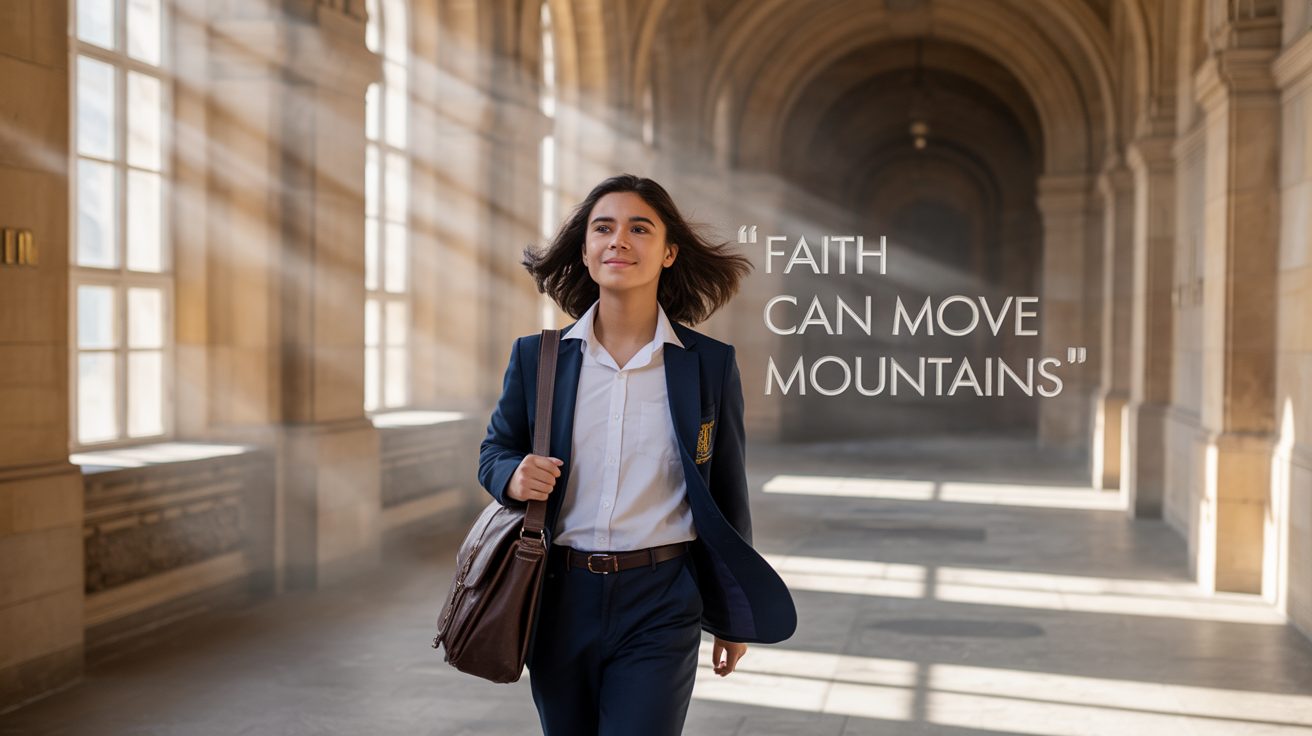 Confident student entering exam hall after prayer for test anxiety