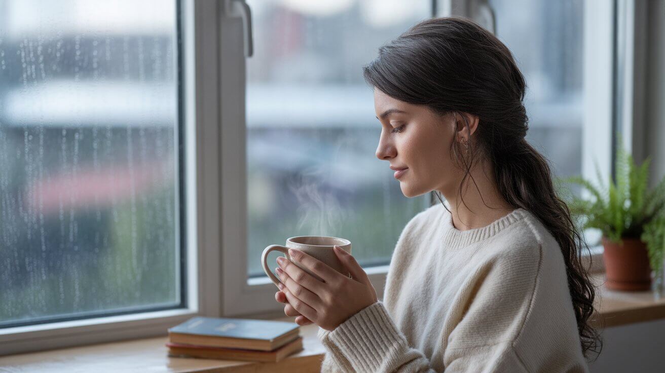 Person sitting by rainy window holding warm mug in contemplative prayer