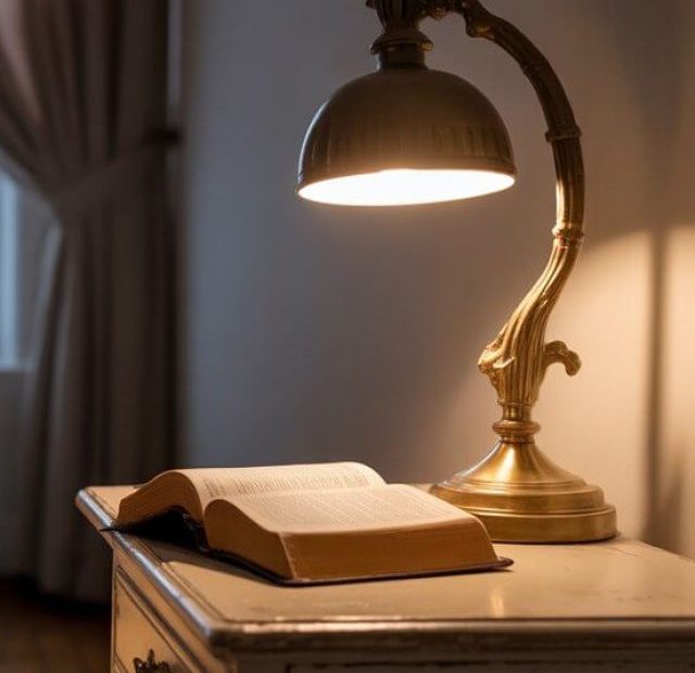 Person praying peacefully at bedtime with Bible and soft lamplight for anxiety relief