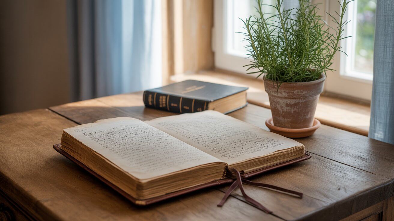 Prayer journal open beside Bible on cozy desk with morning light