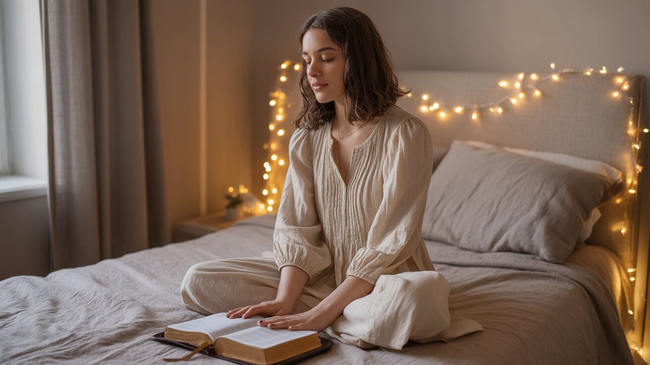 Person practicing peaceful evening prayer devotion with Bible before sleep