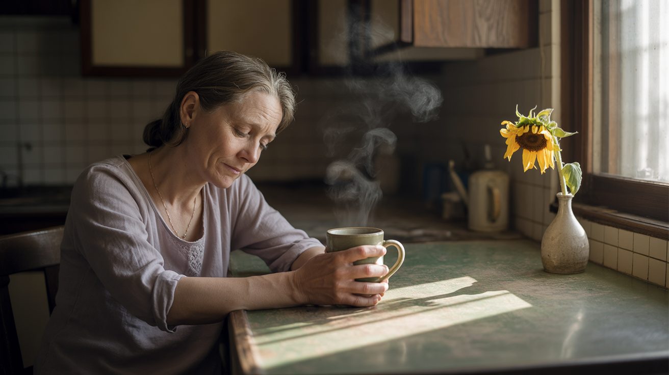 Tired parent praying alone at kitchen table, representing the struggle of persistent family prayer
