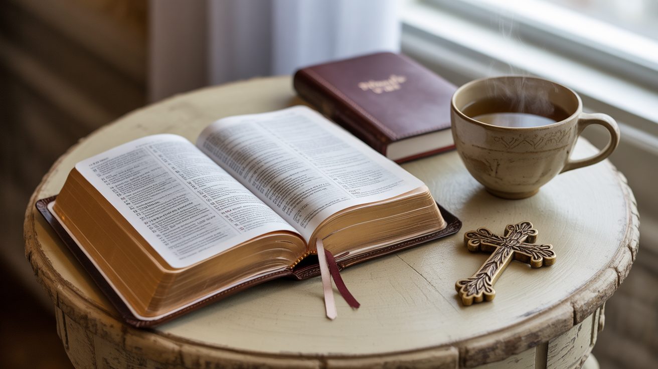 Open Bible and prayer journal for family prayers for children morning routine