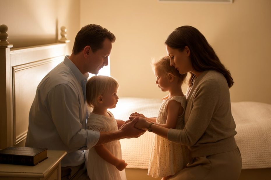 Family kneeling in prayer together: family prayers for children