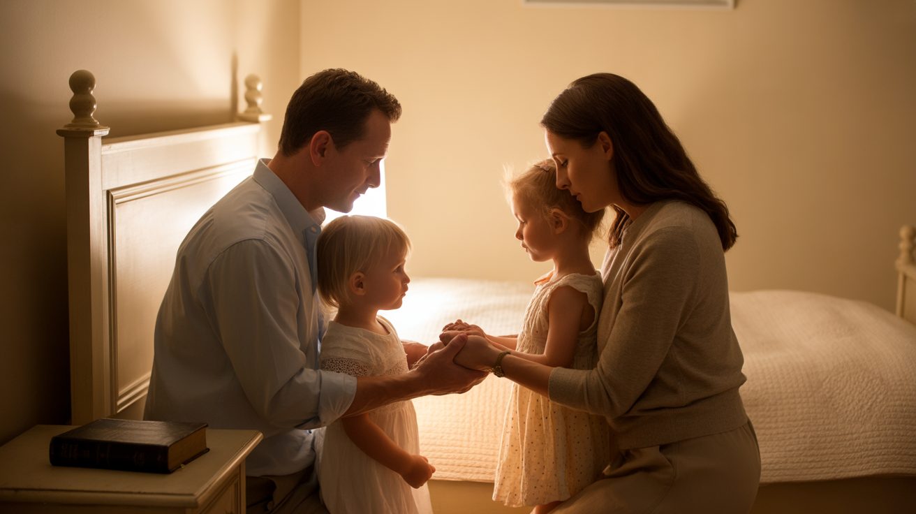 Family kneeling in prayer together: family prayers for children
