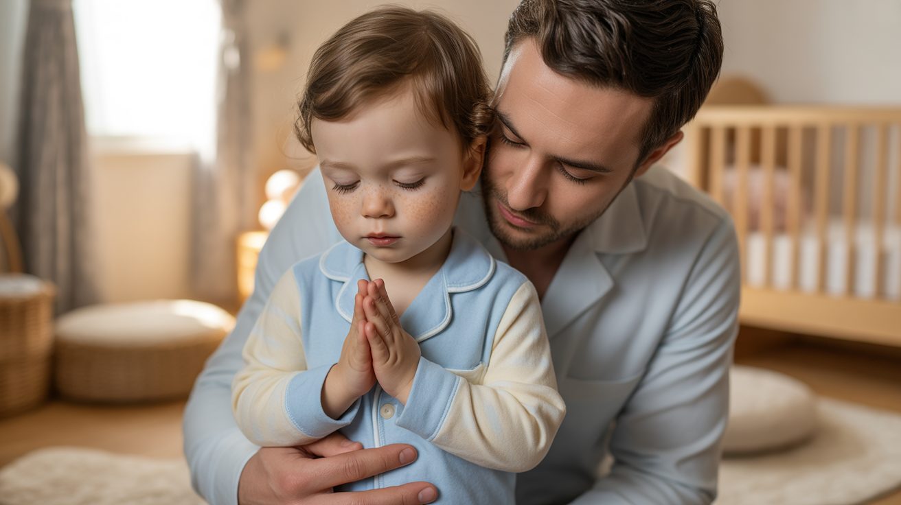 Father praying with toddler at bedtime, family prayer for young children
