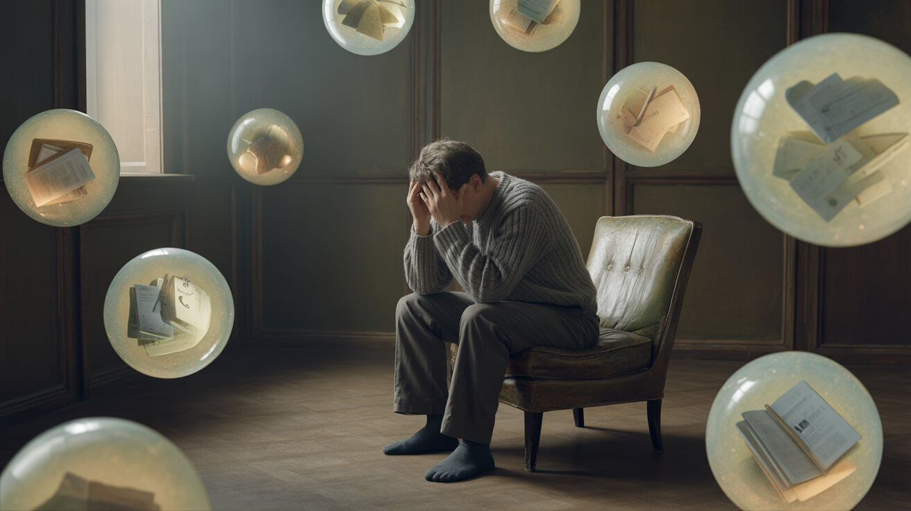 Person overwhelmed by fear and anxious thoughts at night