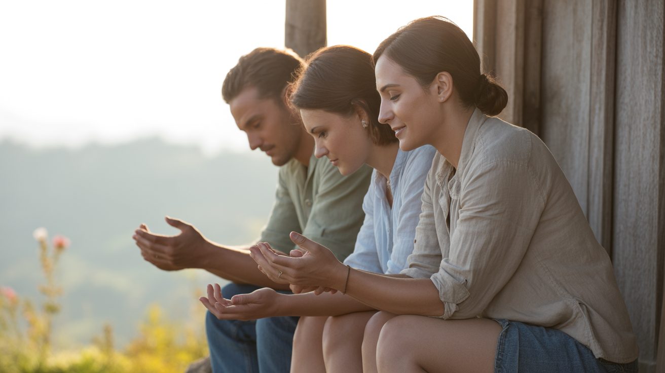 Friends praying together in the morning for anxiety and peace in Christ Jesus