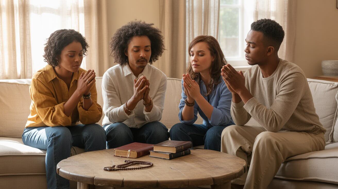 Group of friends praying together for support during seasons of waiting on God
