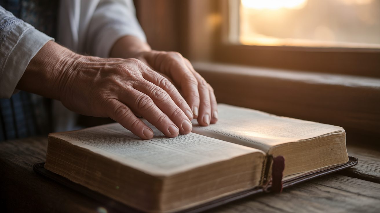 Open hands resting on Bible during a morning prayer for anxiety