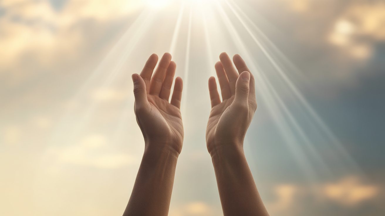 Hands lifted in intercessory prayer connecting with heaven