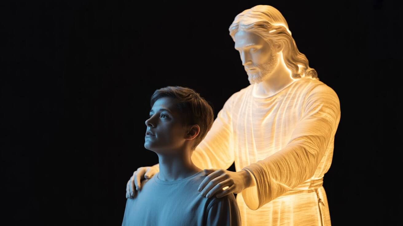 Jesus standing with person providing protection and light against fear