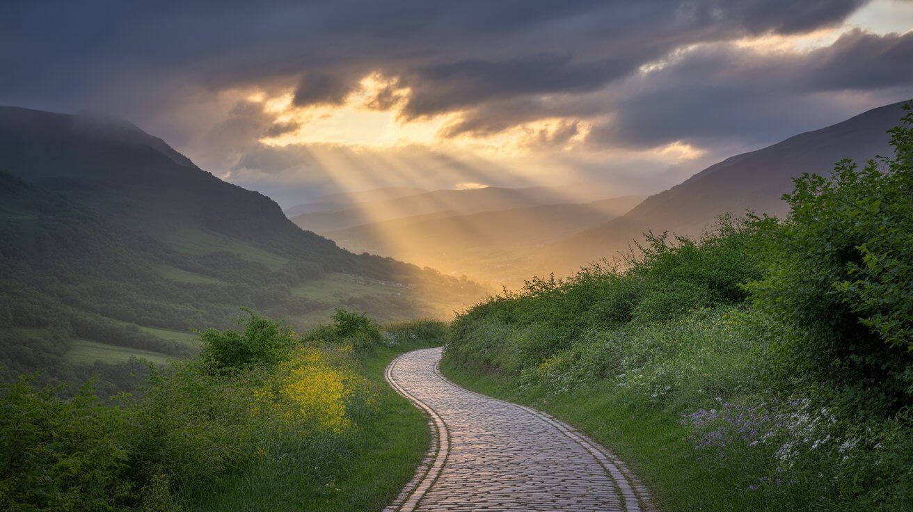 Rays of light breaking through dark clouds onto winding path symbolizing hope