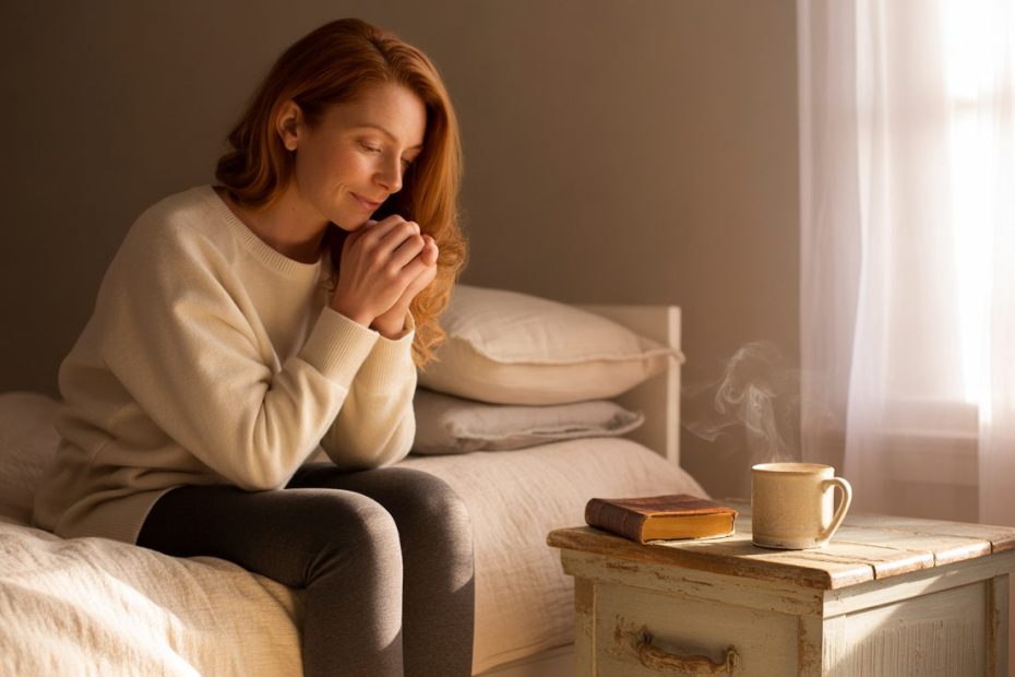 Woman sitting on bed in morning prayer for anxiety relief
