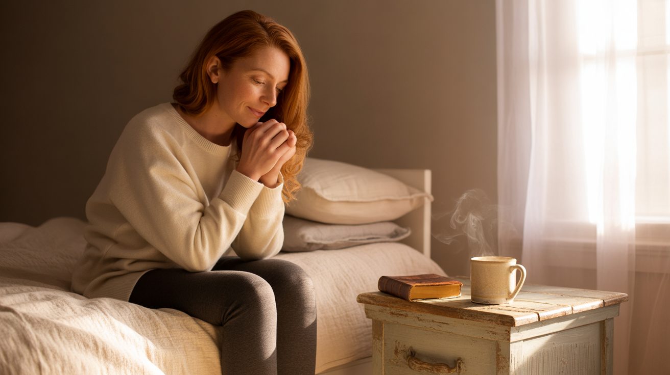 Woman sitting on bed in morning prayer for anxiety relief