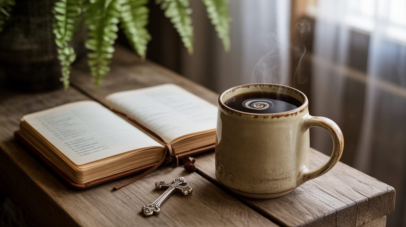 Morning prayer journal and coffee mug on table representing daily anxiety prayer routine