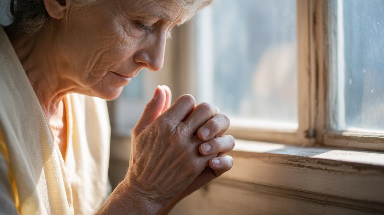 Peaceful morning prayer with hands clasped in contemplation