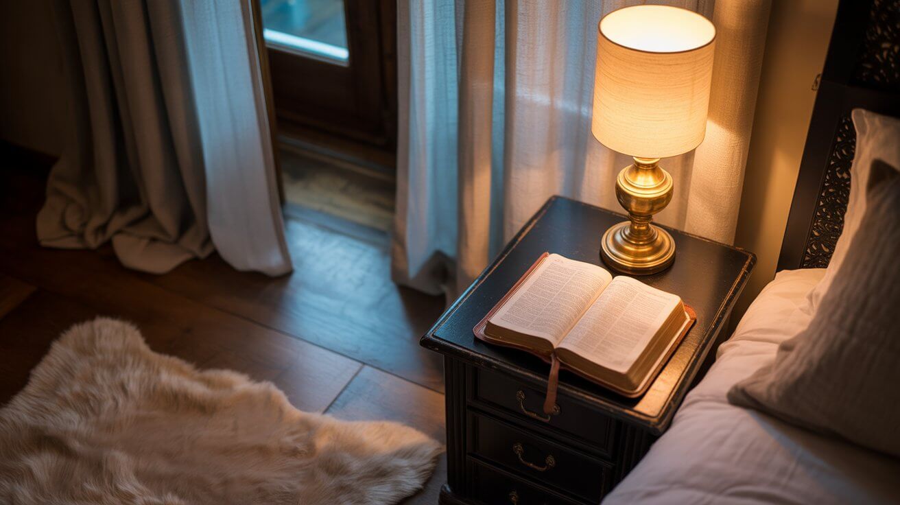 Peaceful bedroom at night with Bible on nightstand and soft moonlight