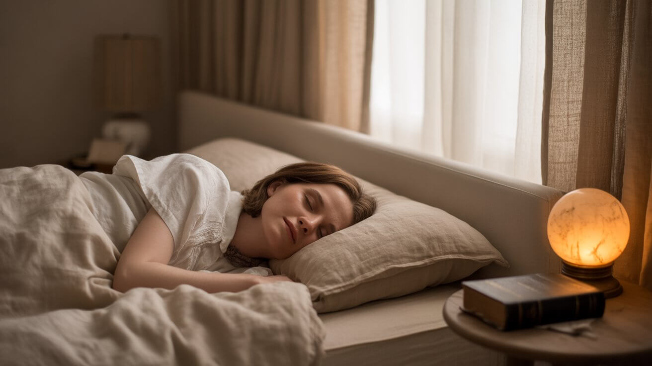 Person enjoying peaceful sleep after bedtime prayer with Bible on nightstand