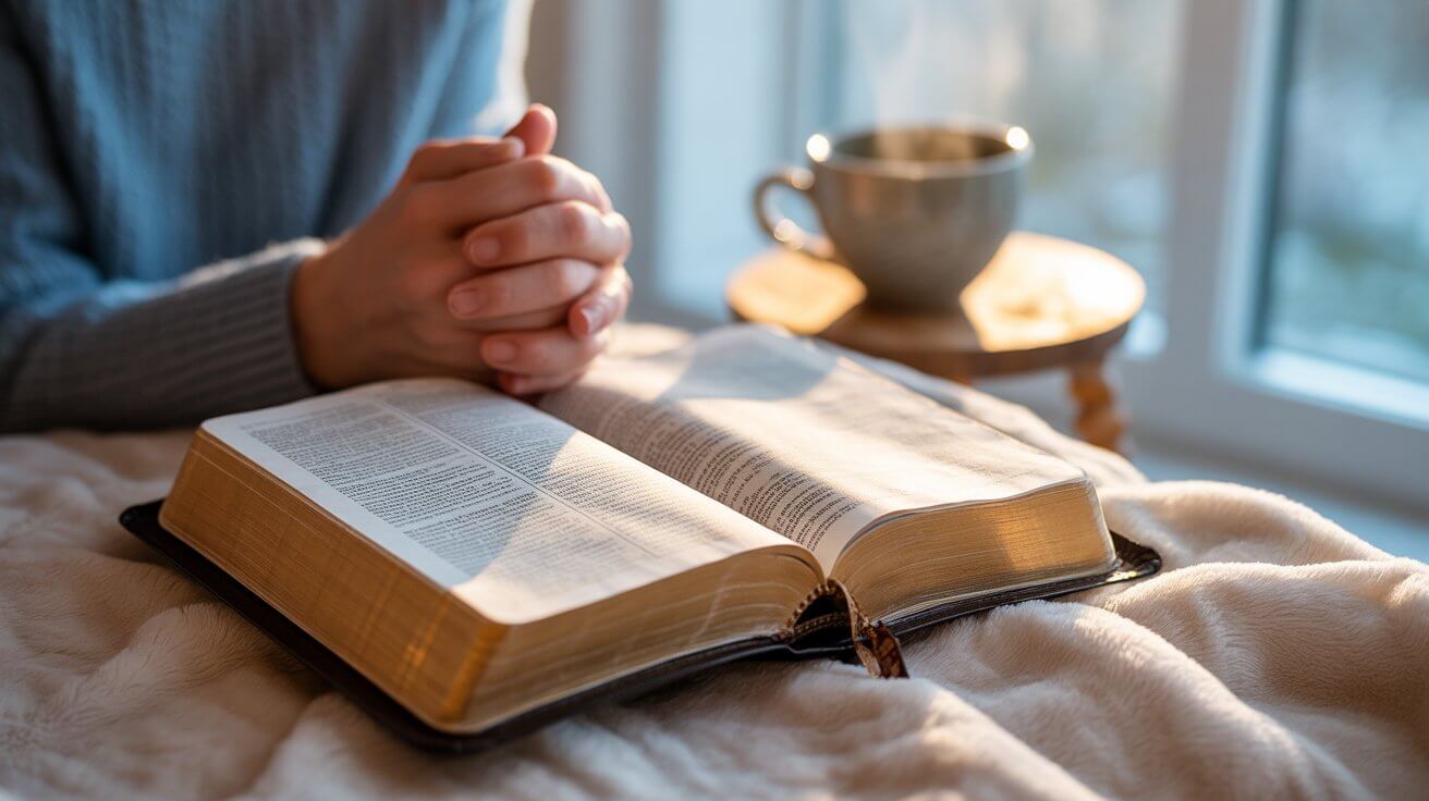Hands holding open Bible during morning devotion for verses about waiting