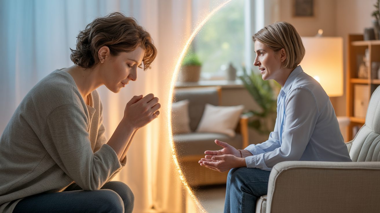 Prayer and mental health care working together, showing a person praying and also talking to a counselor