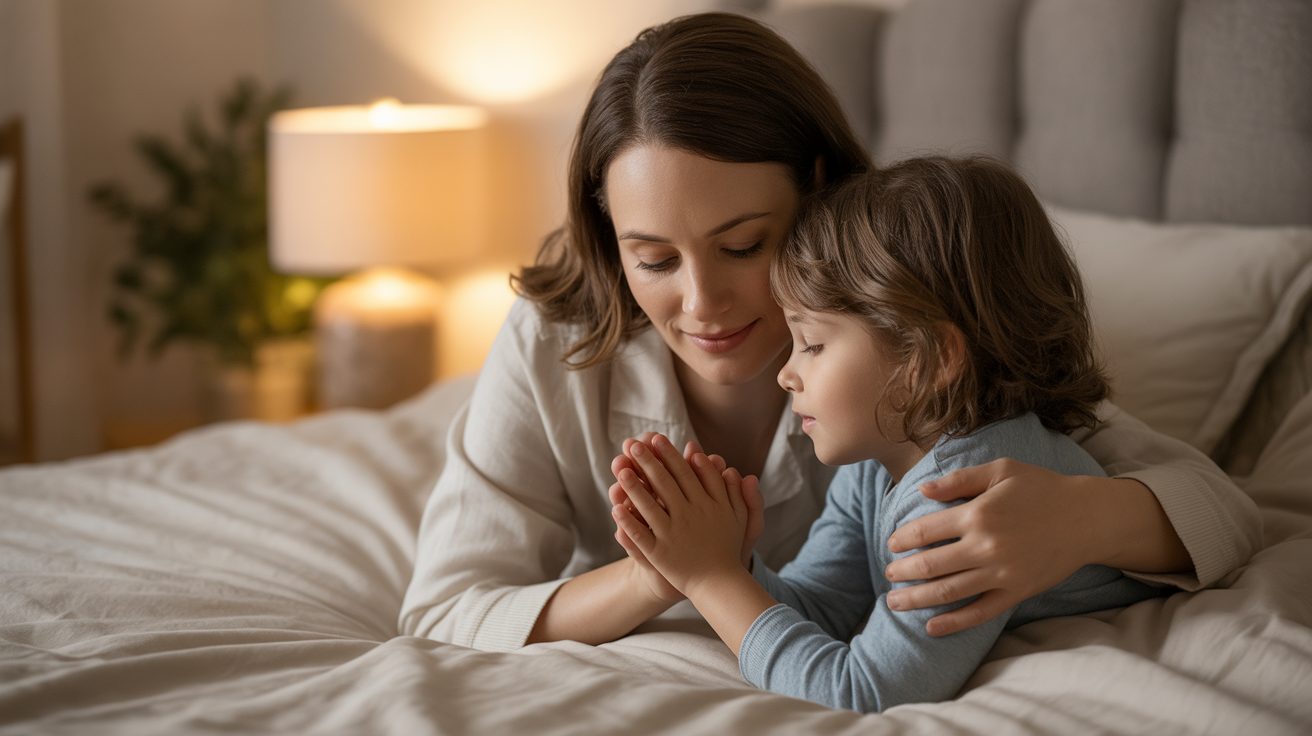 Mother praying with anxious child, offering comfort through family prayer