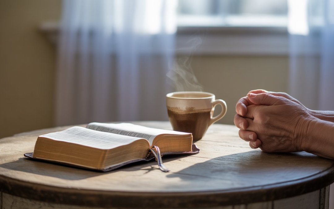 Prayer for Depression: Hands folded in prayer near an open Bible with warm morning light