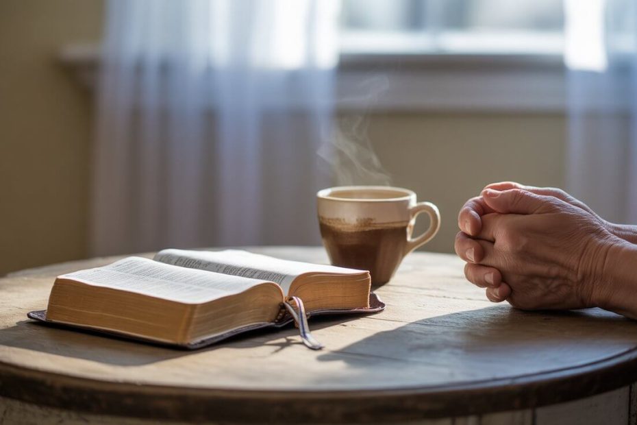 Prayer for Depression: Hands folded in prayer near an open Bible with warm morning light