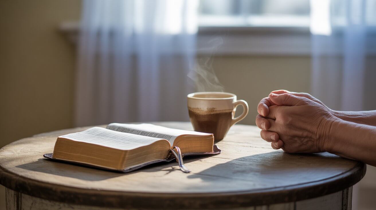 Prayer for Depression: Hands folded in prayer near an open Bible with warm morning light
