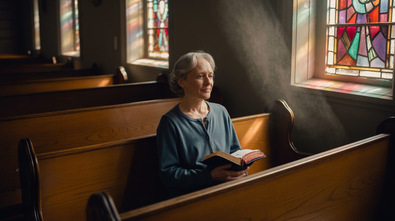 Person sitting peacefully in a church pew with Bible, illustrating prayers for social anxiety at church