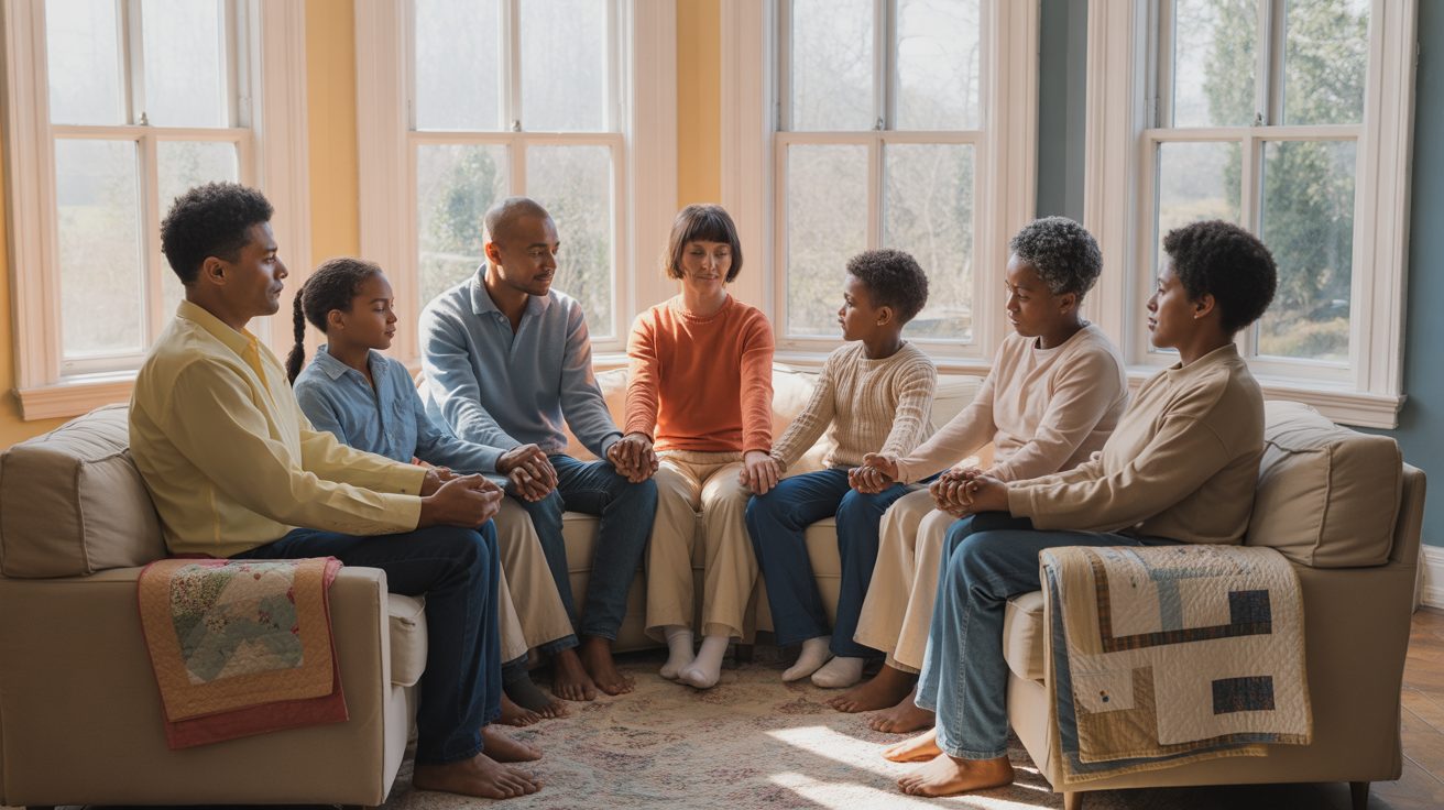 Diverse group praying together in intercessory prayer circle