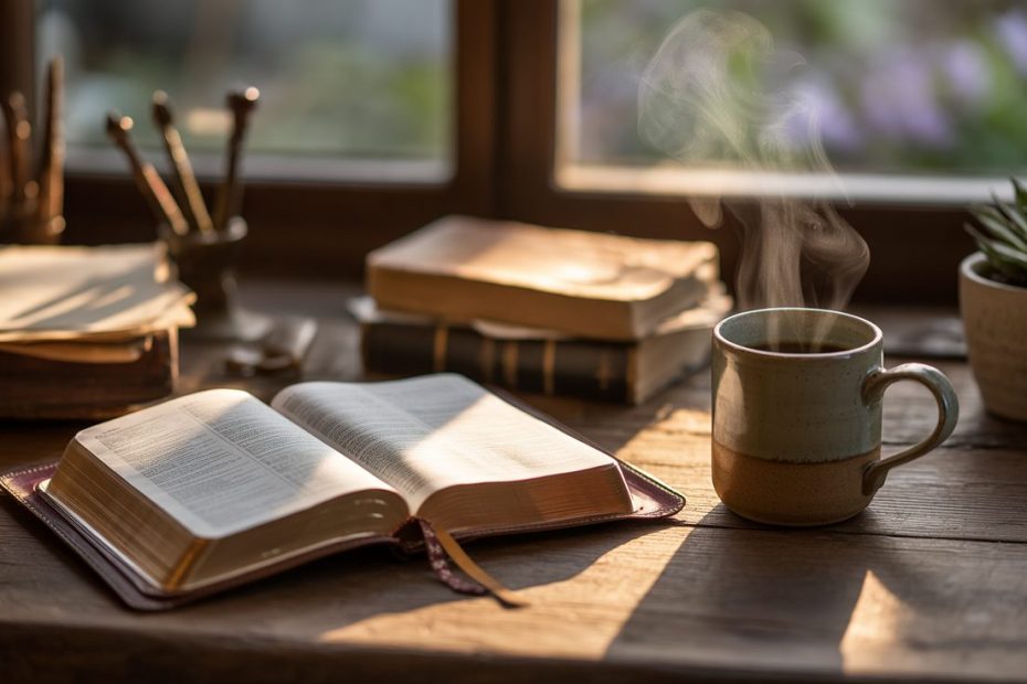 Peaceful study desk with Bible and coffee representing prayer for test anxiety
