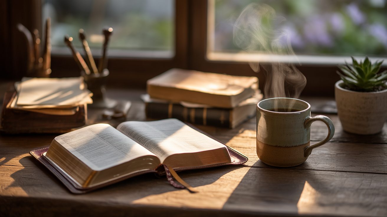 Peaceful study desk with Bible and coffee representing prayer for test anxiety